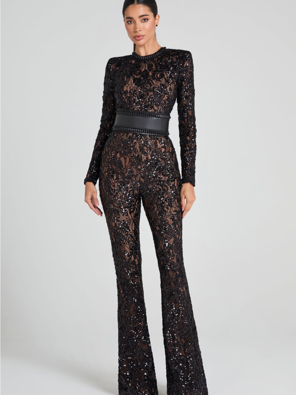 NADINE MERABI Bella Black Jumpsuit with Corset Belt (Small)